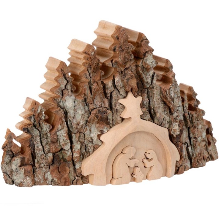 Crèche de Noël taillée dans une écorce de bois, motif étable
