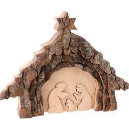 Crèche de Noel taillée dans une écorce de bois, motif étable
