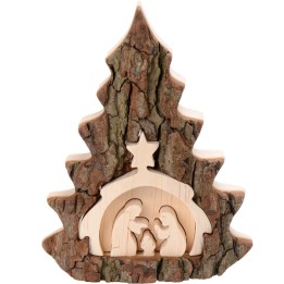 Crèche de Noel taillée dans une écorce de bois, motif sapin