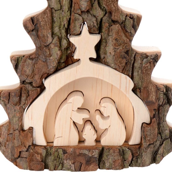 Crèche de Noel taillée dans une écorce de bois, motif étable