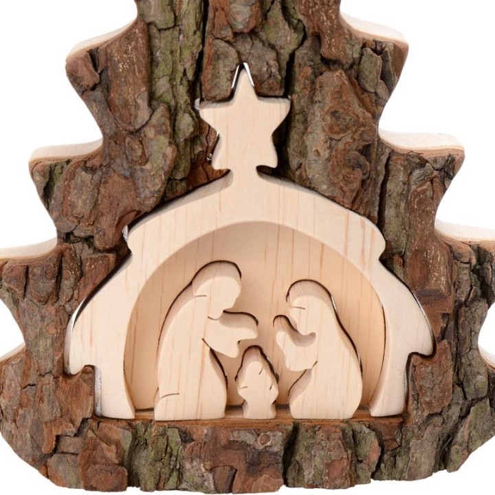 Crèche de Noel taillée dans une écorce de bois, motif étable