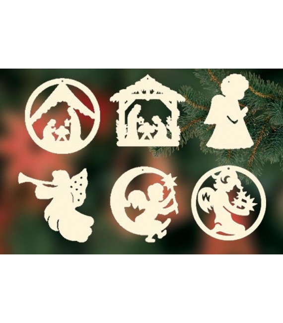 Décorations bois pour sapin de Noël, 6 crèches et anges - set n° 3