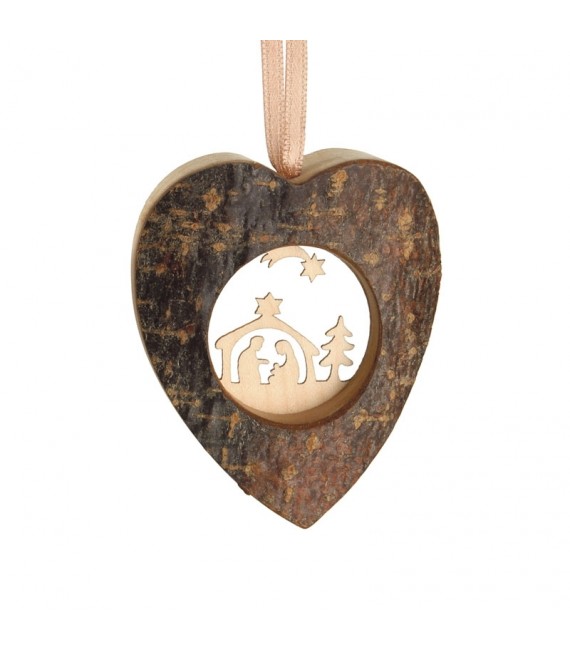 Coeur en bois à suspendre motif ciselé crèche et étoile, 6 cm