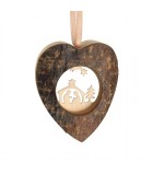 Coeur en bois à suspendre motif ciselé crèche et étoile, 6 cm