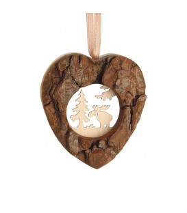 Coeur en bois à suspendre motif ciselé élan, 6 cm