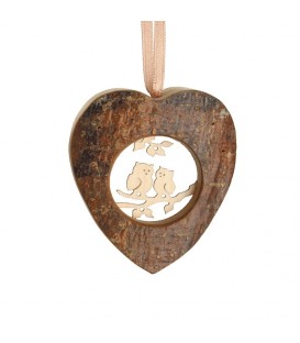 Coeur en bois à suspendre motif ciselé hiboux, 6 cm