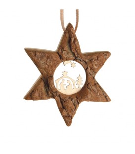Etoile en bois, motif ciselé crèche et étoile, 7 cm