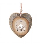 Coeur en bois à suspendre motif ciselé crèche, 7 cm