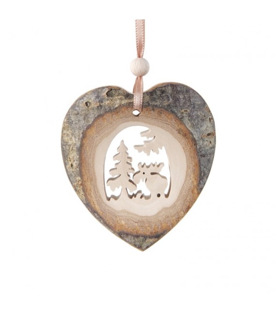 Coeur en bois à suspendre motif ciselé élan, 7 cm