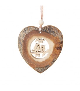 Coeur en bois à suspendre motif ciselé hiboux, 7 cm
