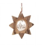 Etoile en bois, motif ciselé crèche et étoile, 10 cm