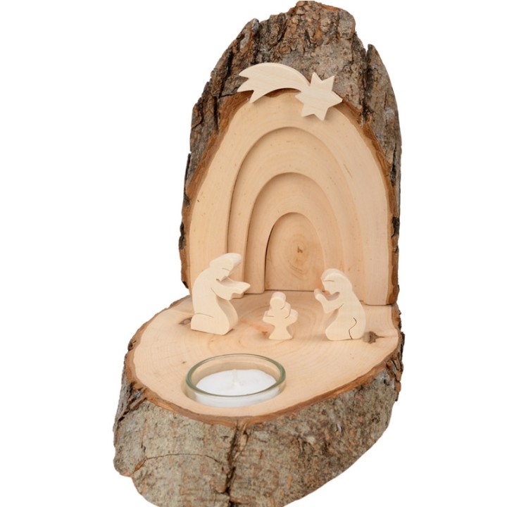 Petite crèche de Noël en écorce de bois avec bougeoir