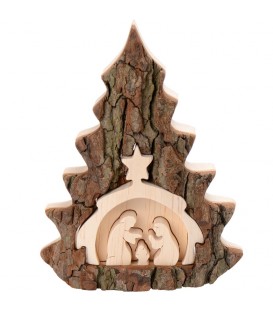 Crèche de Noël 16 cm, taillée dans une écorce de bois en forme de sapin