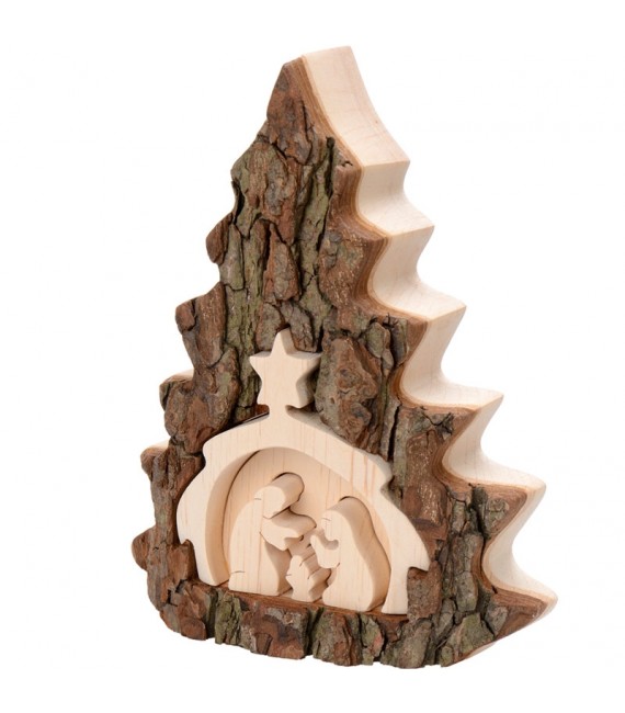 Crèche de Noel taillée dans une écorce de bois, motif sapin