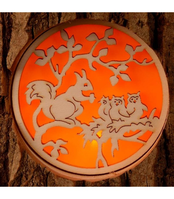 Photophores en bois motifs, écureuil, chat et oiseaux