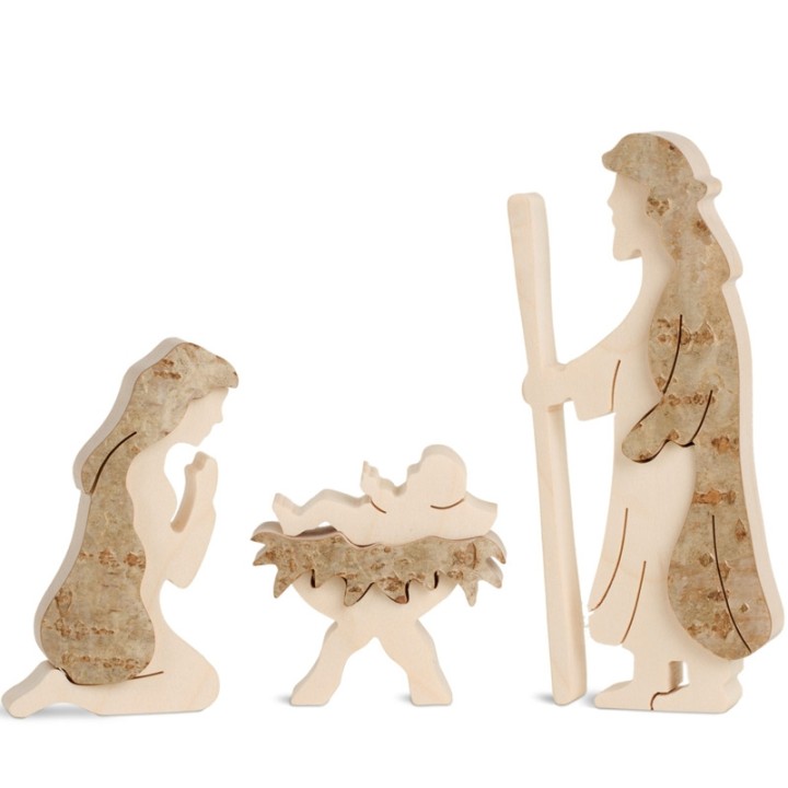 Marie, Joseph et enfant Jésus en écorce de bois, 10 cm