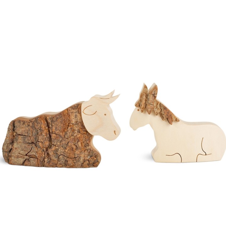Animaux en bois pour crèche de Noël, l'âne et boeuf, 6 cm