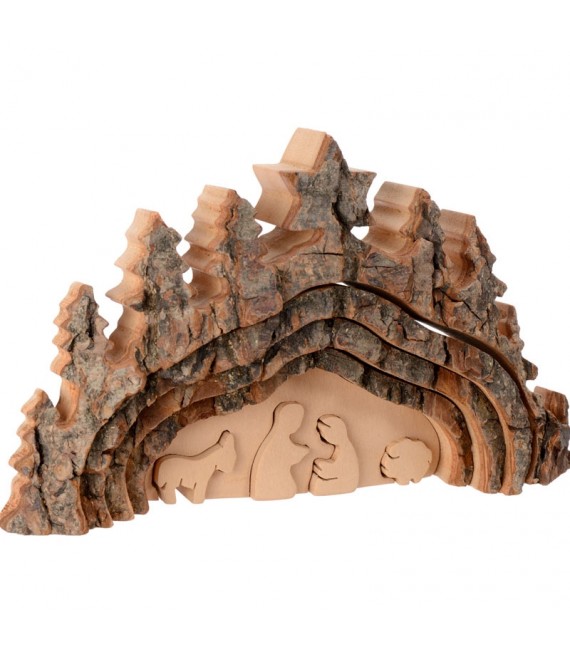 Crèche de Noël taillée dans une écorce de bois, motif grotte, 20 cm