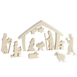 Crèche de Noel avec personnages, bois naturel, 10 cm