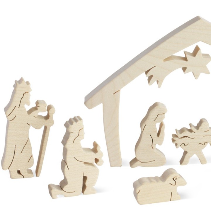 Crèche de Noel avec personnages, bois naturel, 10 cm