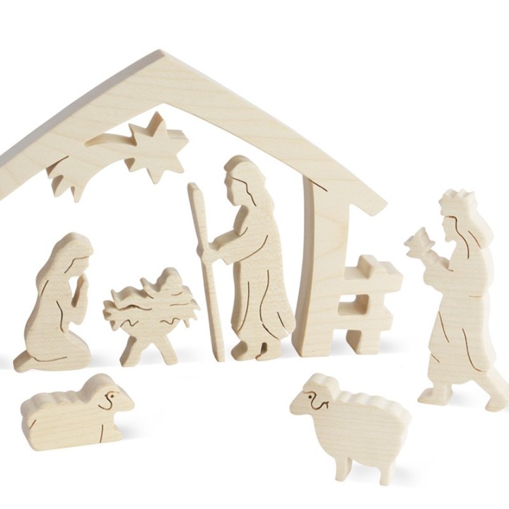 Crèche de Noel avec personnages, bois naturel, 10 cm