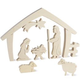 Crèche de Noel avec nativité, bois naturel, 15 cm