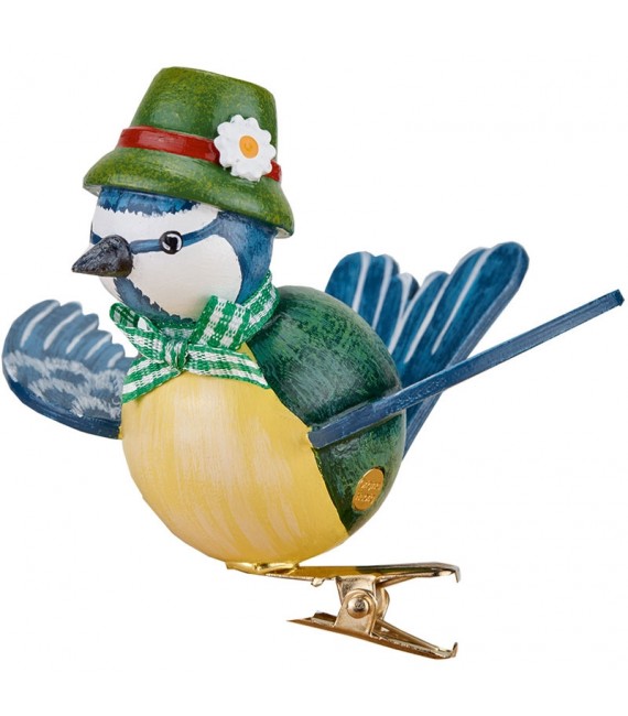 Oiseau décoratif, mésange bleue et noeud vert, 6 cm