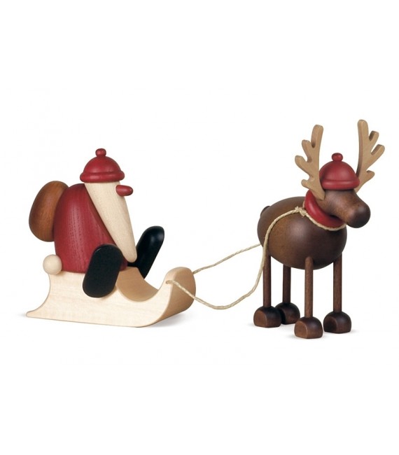 Père Noël en bois sur luge et renne