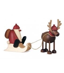 Père Noël en bois sur luge et renne