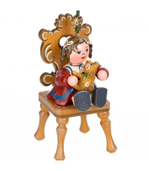 Noël d'antan, figurine fillette et ourson à suspendre au sapin