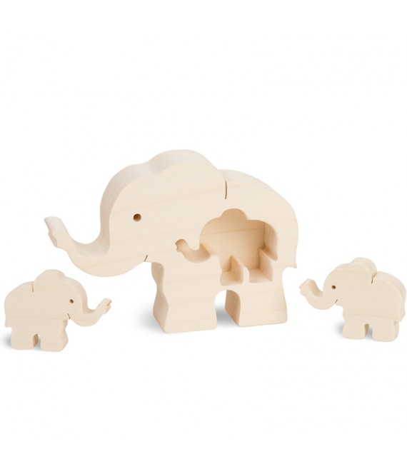 Eléphant en bois avec deux bébés éléphants, 8,5 cm