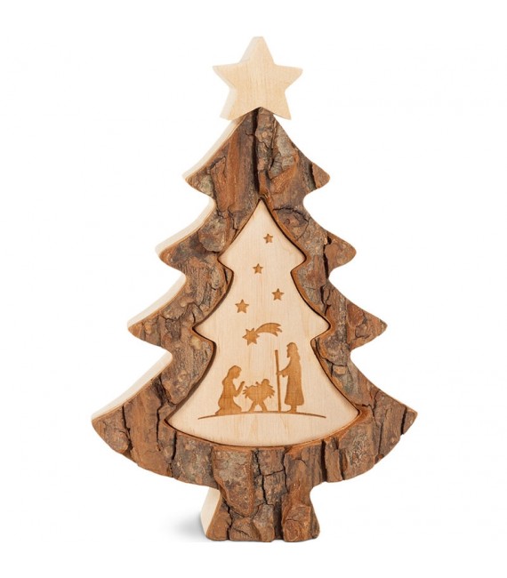 Sapin en bois avec gravure crèche de Noël, 15 cm
