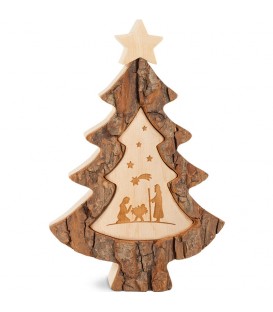 Sapin en bois avec gravure crèche de Noël, 15 cm