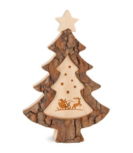 Sapin de Noël en bois avec gravure Père Noël et luge, 15 cm