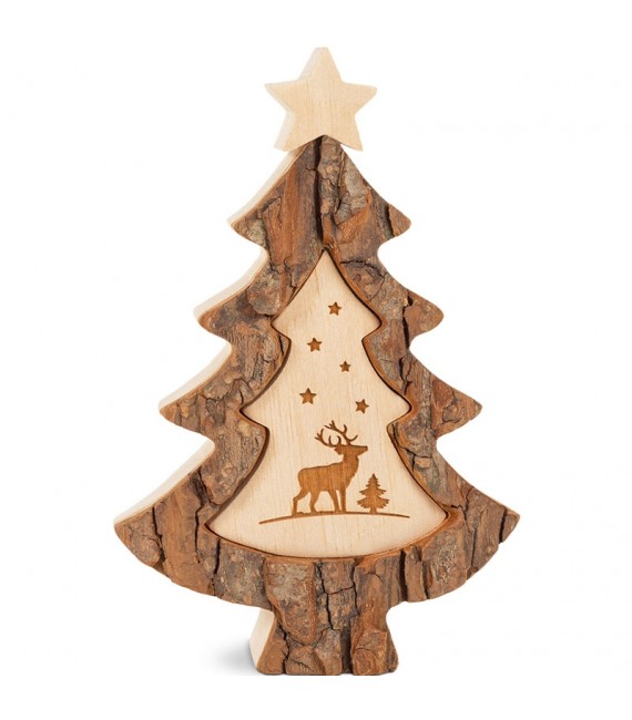 Sapin de Noël en bois avec gravure cerf, 15 cm
