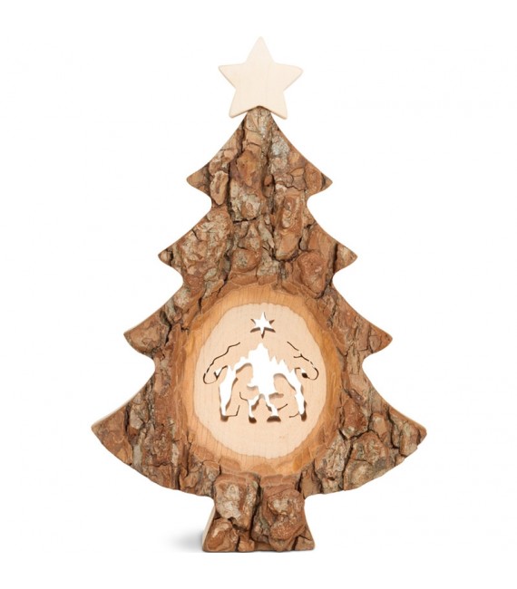 Sapin Noël en bois avec crèche de Noël ciselée, 18 cm