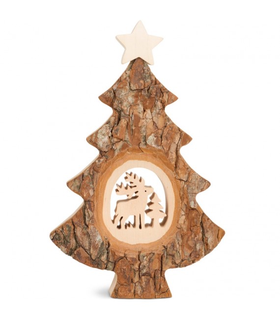 Sapin Noël en bois avec cerf ciselé, 18 cm