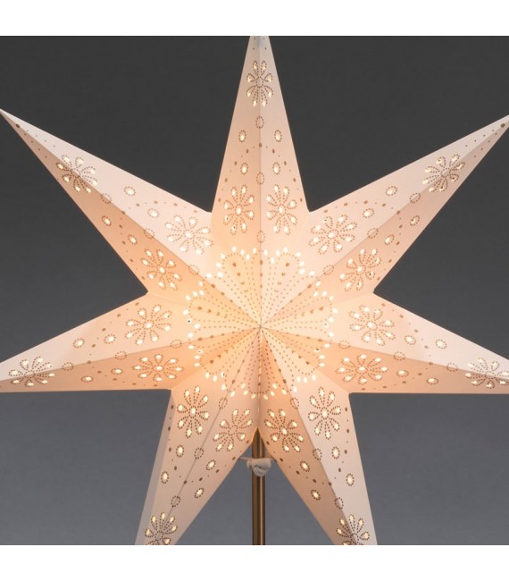 Étoile lumineuse électrique 7 branches en papier, blanche, sur pied laiton, 48 cm