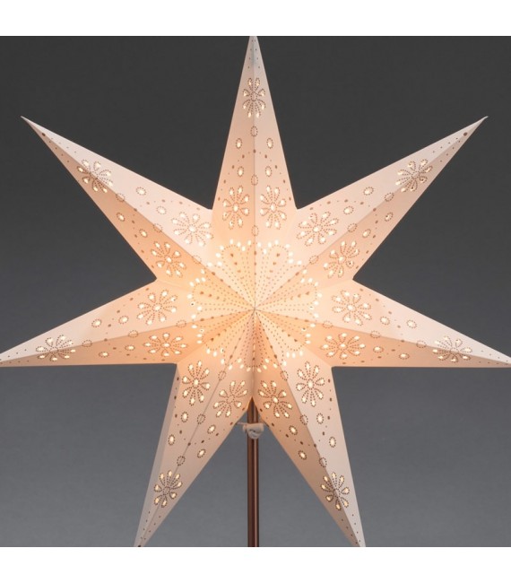 Étoile lumineuse électrique 7 branches en papier, blanche, sur pied cuivré 48 cm