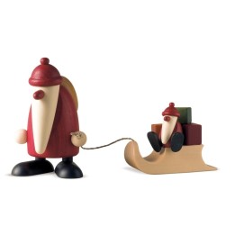 Père Noël en bois et enfant sur luge