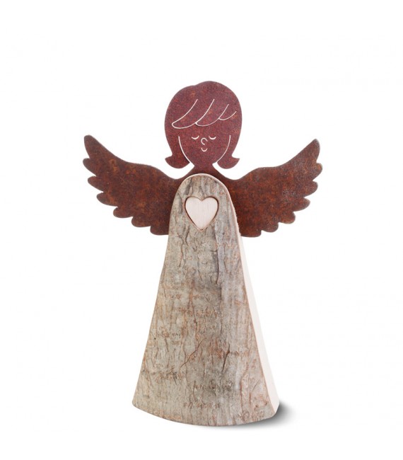 Ange en bois avec coeur et ailes métal, 15,5 cm