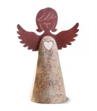 Statuette ange en bois avec coeur et ailes métal, 26 cm
