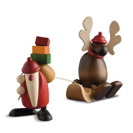Père Noël en bois avec élan sur luge