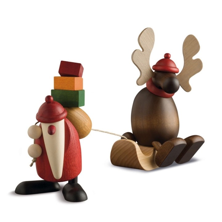 Père Noël en bois avec élan sur luge