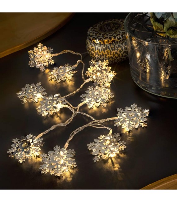 Guirlande lumineuse décorative à LED, flocons de neige métalliques couleur argent