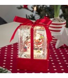 Lanterne à neige "Cadeau de Noël" avec Père Noël & bonhomme de neige