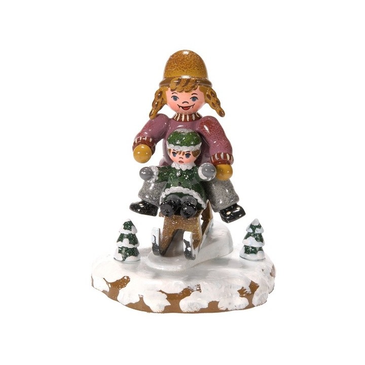 Village de Noël miniature, fillettes sur la luge