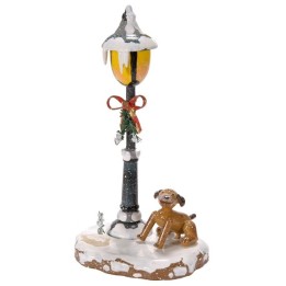 Village de Noël miniature, chien sous réverbère