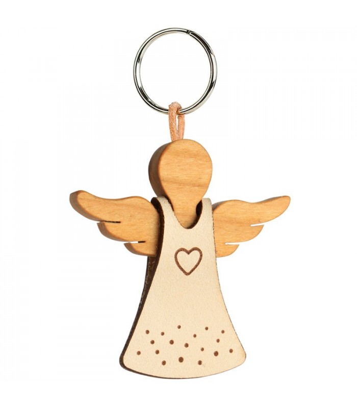 Porte-clé ange bois et cuir avec coeur 5 cm