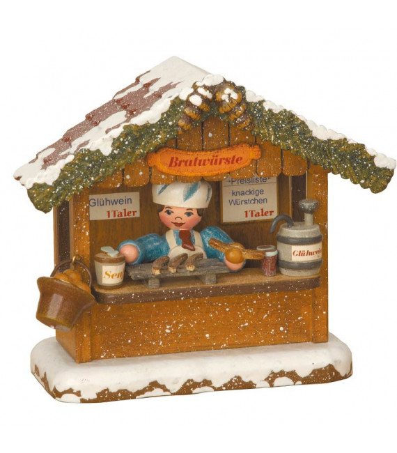 Village Noël miniature, chalet marché de Noël vendeur de saucisses